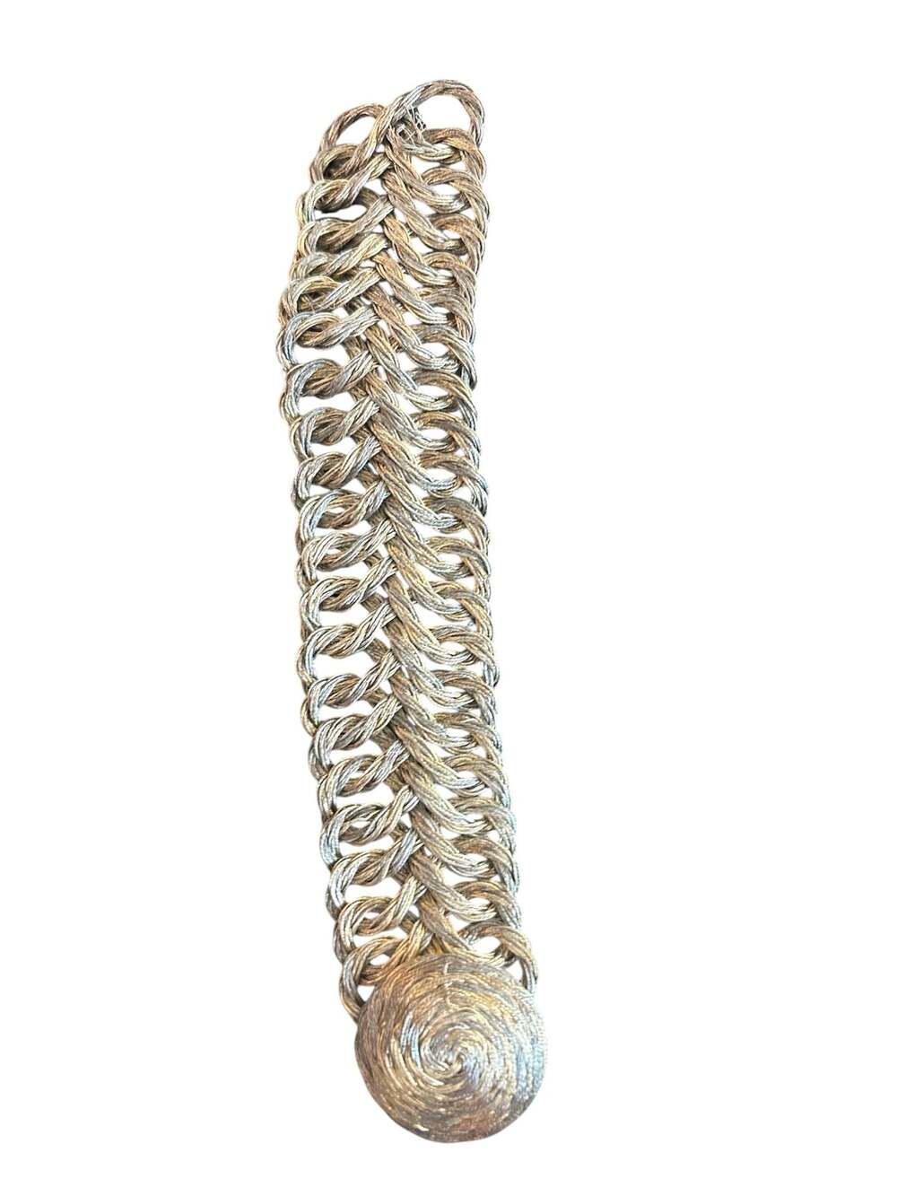 Vintage Silver Tone Woven Wire Coil Mesh Ribbon Bracelet with Swirl Button Clasp